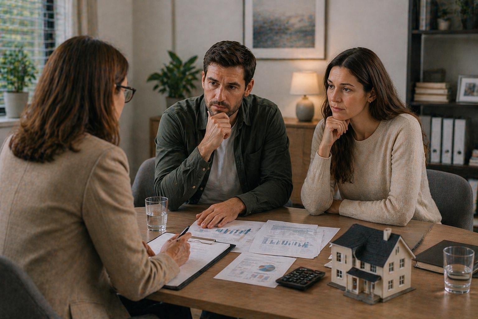 A family mediation session focused on financial discussions, with a mediator guiding a couple through a conversation about their finances and property in a calm and supportive environment.